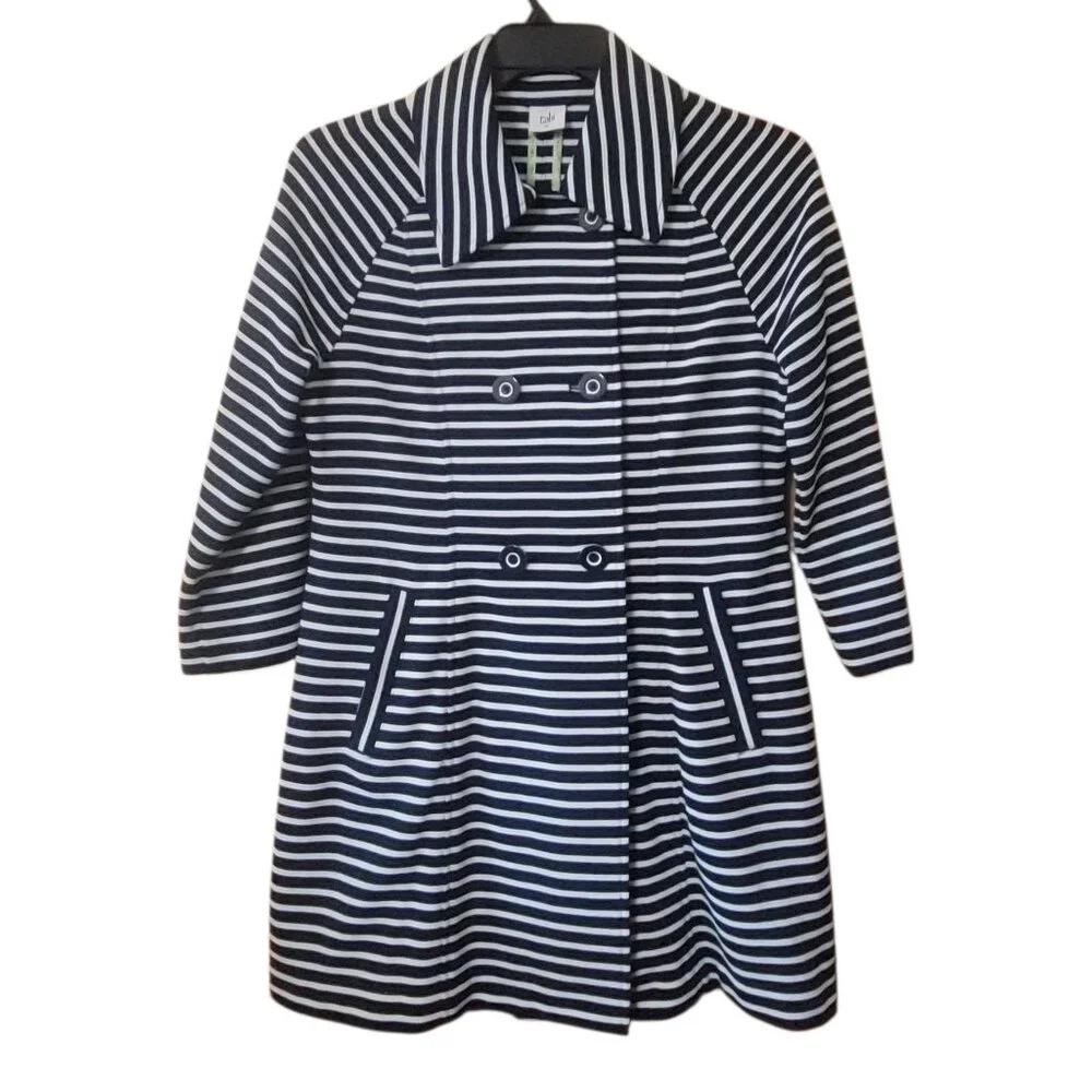 Cabi Womens Striped Double-Breasted Coat Blue White Nauticle Preppy - Picture 1 of 16